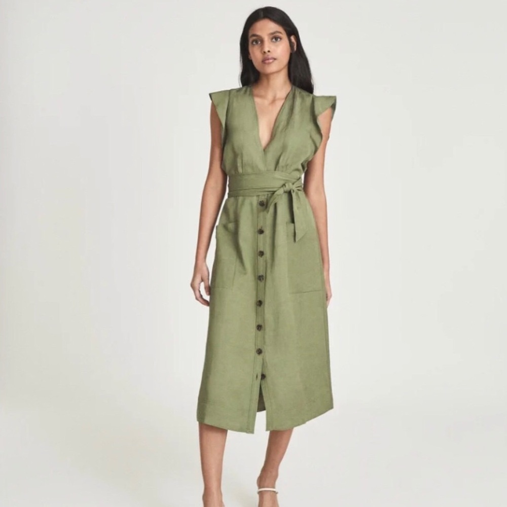Reiss Emma Tie Waist Flutter Sleeve Midi Khaki Shirtdress